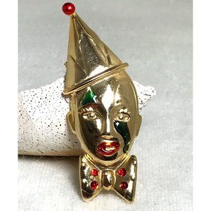 Gold Tone Shiny Clown Face Brooch Sad Face with Tear, Bow Tie with Red Bling 3"